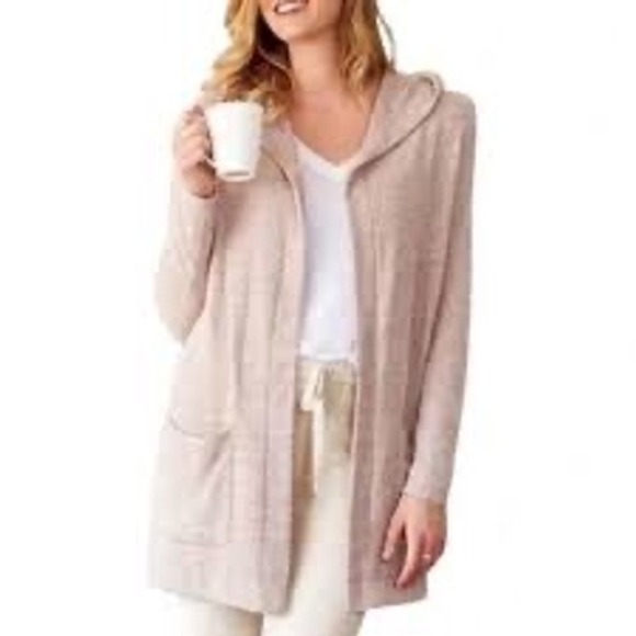 Barefoot Dreams Cream CozyChic Lite Cardigan Hooded Long Sleeve Pockets Lm - Picture 1 of 7